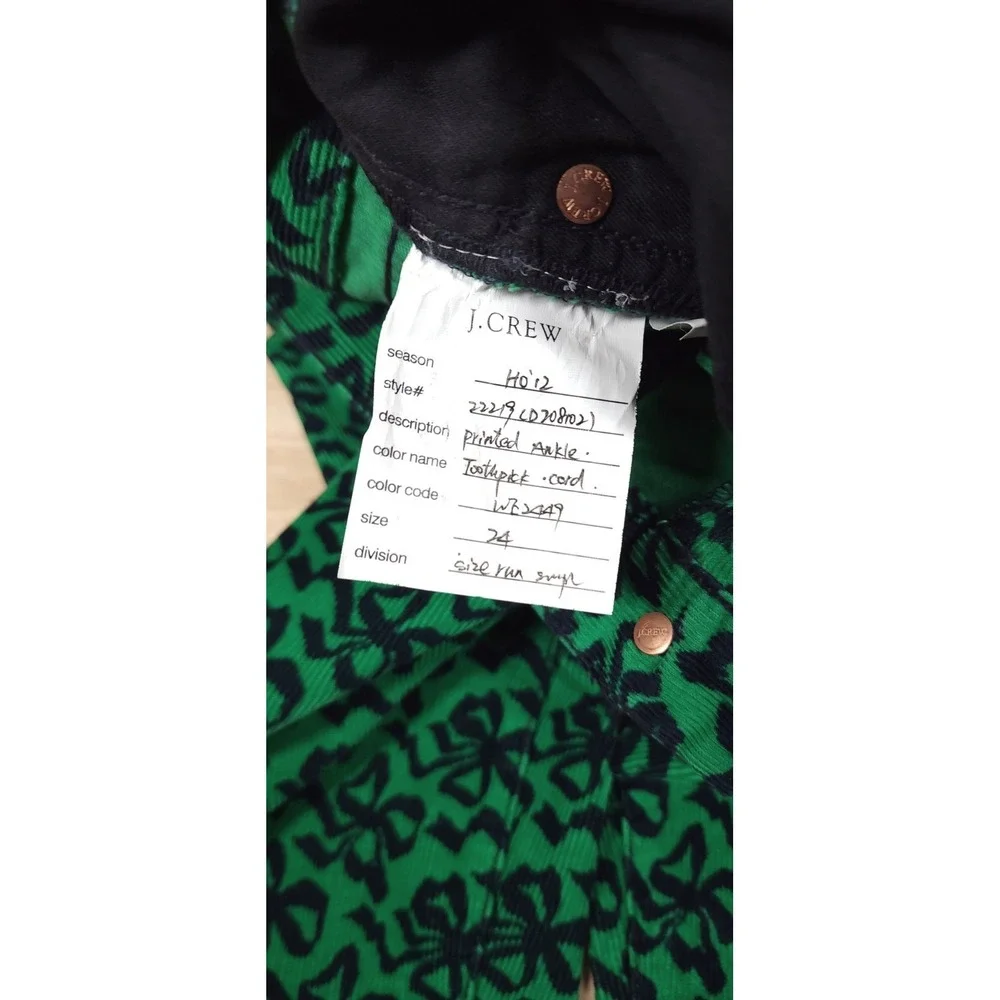 J. Crew‎ Toothpick Corduroy Skinny Jeans Green Shamrock Print Womens Size 24